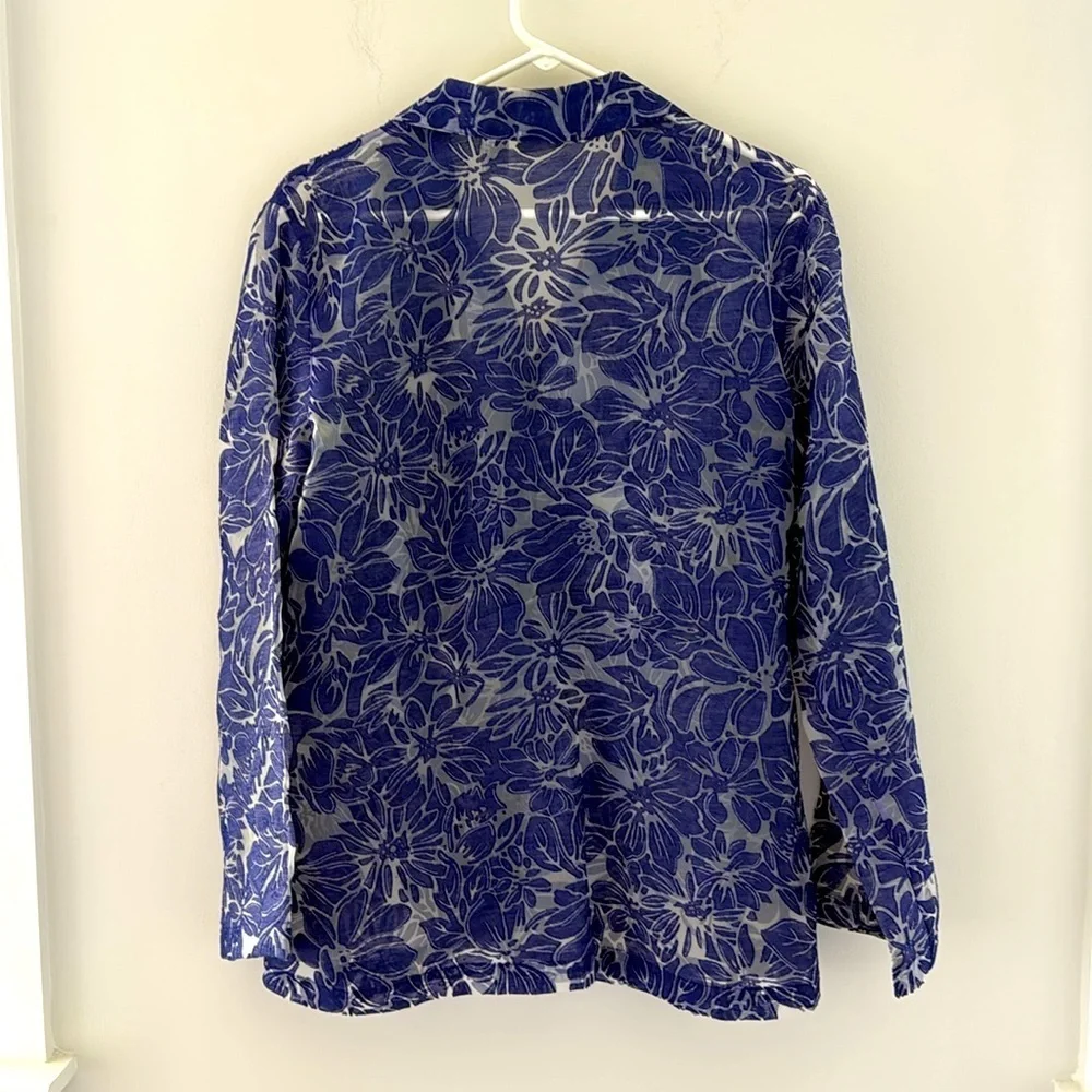 Chico's Blue Rayon Linen Blend Floral Sheer Blouse size 2(L/XL)